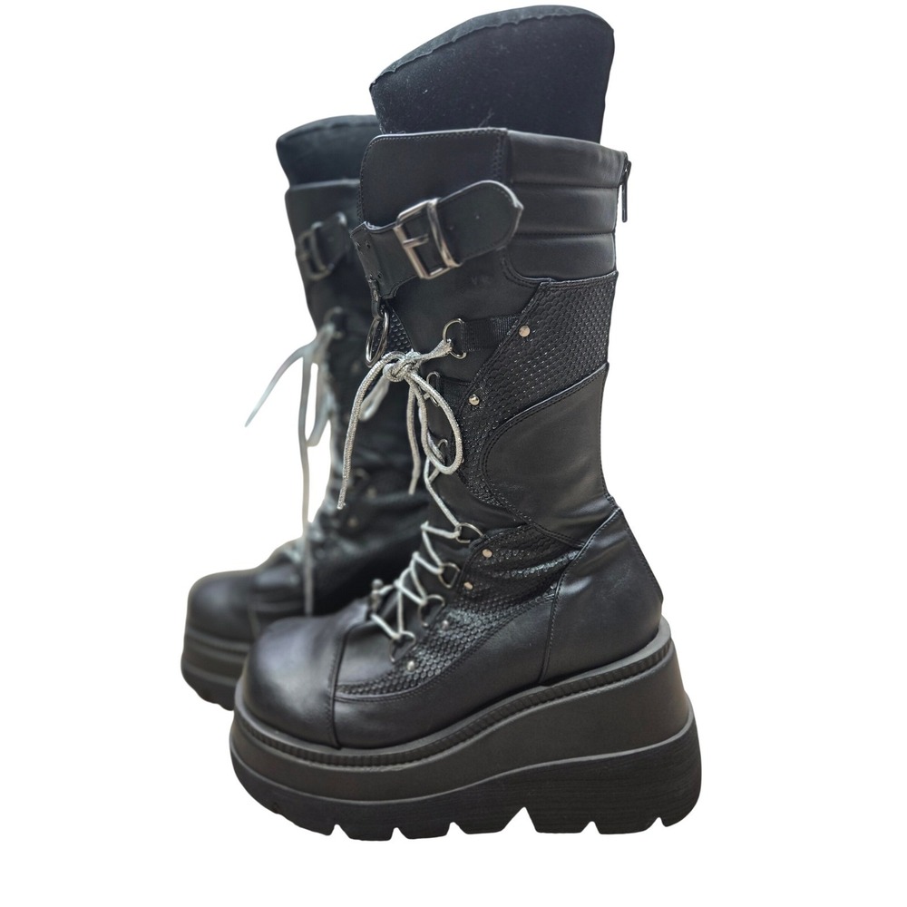 Demonia Shaker 70 Black Platform Wedge Boots Tall Lace Up Goth Punk Alternative